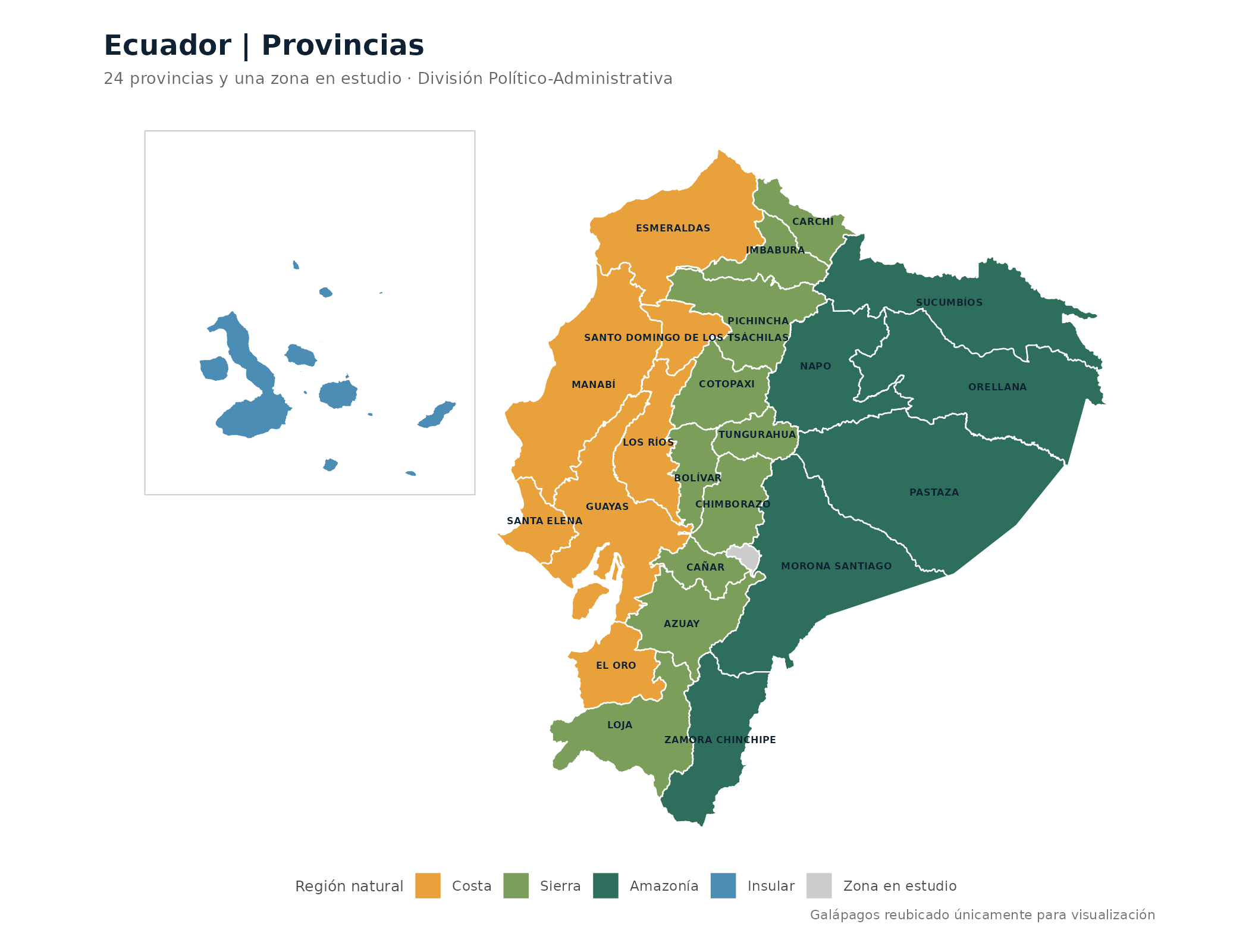 Ecuador: mapa provincial por región natural, nombres oficiales y Galápagos en recuadro